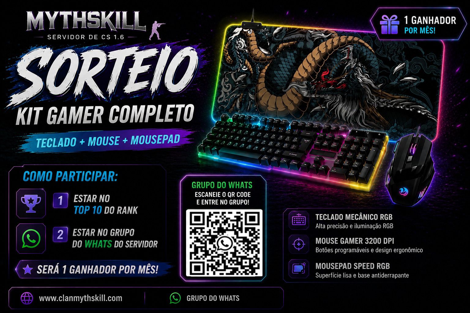 Sorteio Kit Gamer Completo MythSkill — Teclado, Mouse e Mousepad